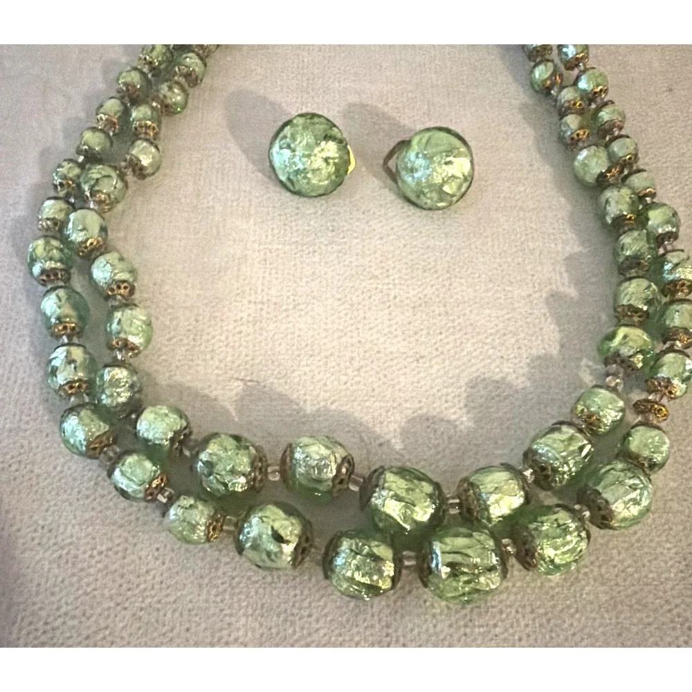Vintage MURANO GLASS NECKLACE & CLIP EARRINGS Venetian Green Gold-Mario Sanzogno